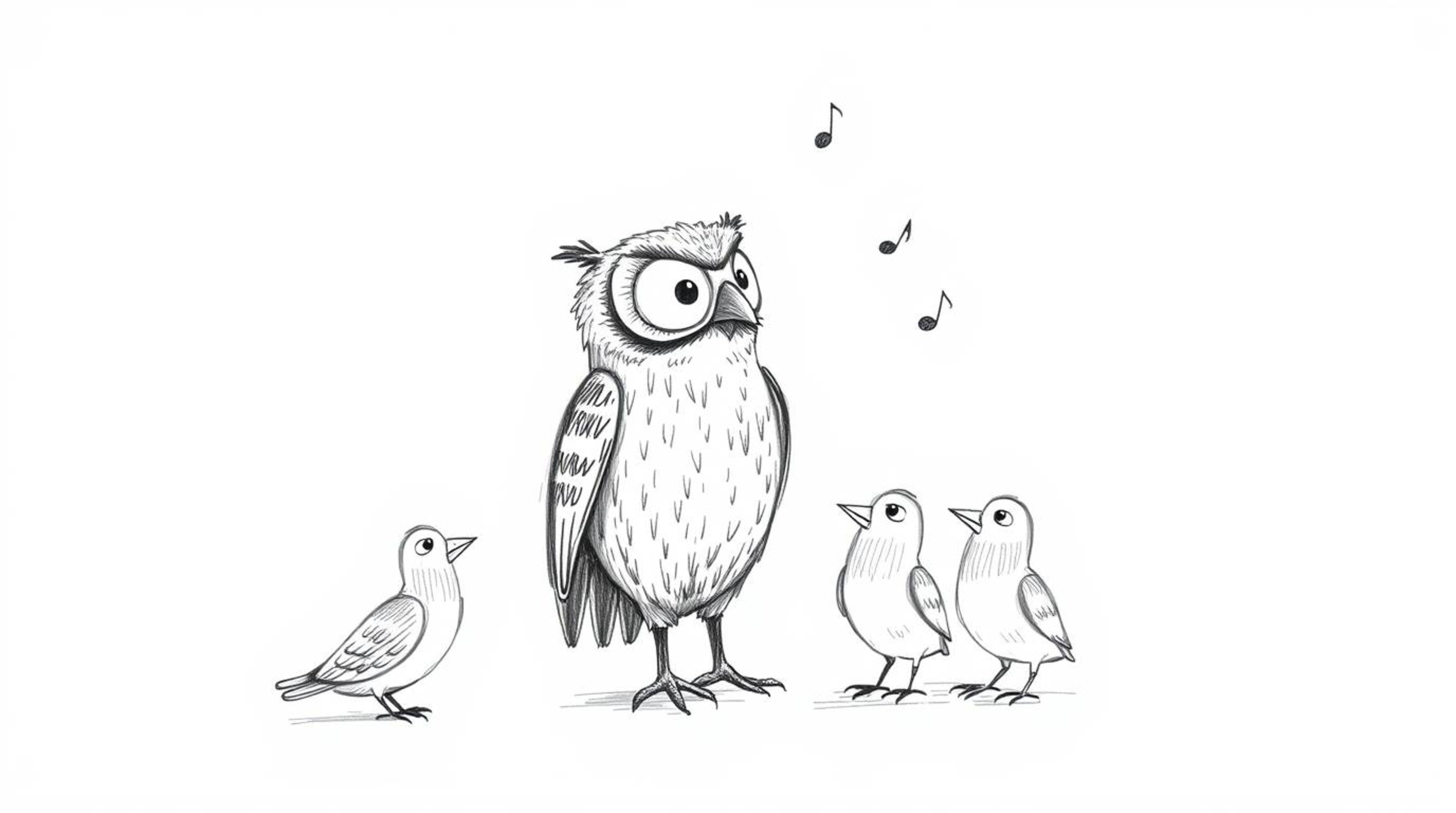 A heartwarming hand-drawn sketch depicts a blind owl, rendered with textured pencil strokes, imparting the wisdom of flight t