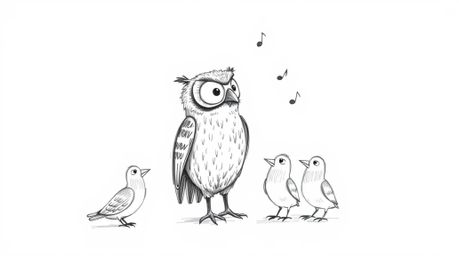 A heartwarming hand-drawn sketch depicts a blind owl, rendered with textured pencil strokes, imparting the wisdom of flight t