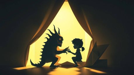 A captivating origami-style illustration depicts a heartwarming friendship between a child and a monster under the bed.  The 