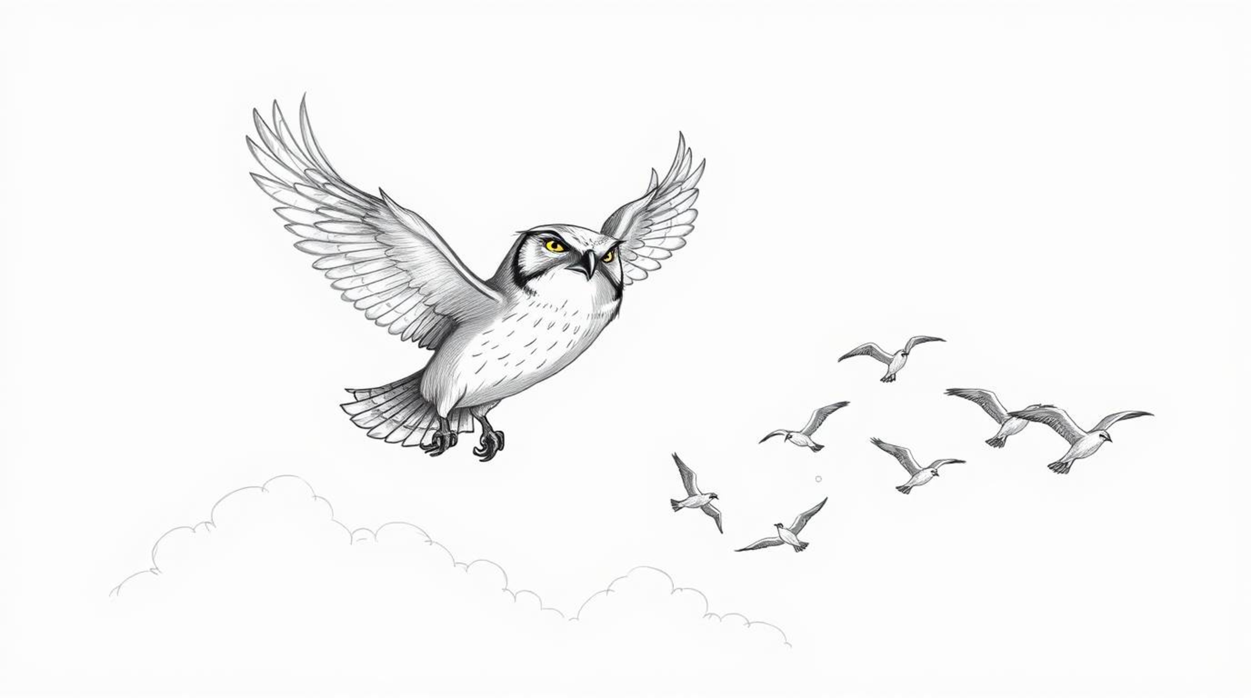 A heartwarming hand-drawn sketch in Pixar style depicts a blind owl with textured pencil strokes, soaring proudly above fluff