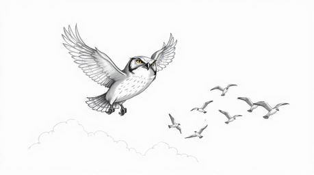 A heartwarming hand-drawn sketch in Pixar style depicts a blind owl with textured pencil strokes, soaring proudly above fluff