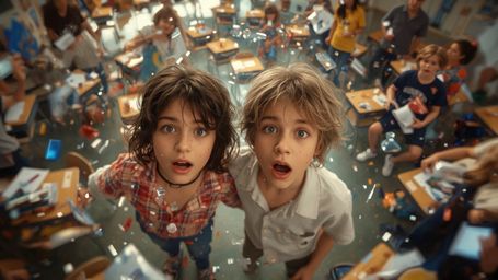 A vibrant, cinematic photograph in a whimsical Pixar-esque style captures the astonished expressions of a science fair duo wh
