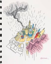 A colorful, hand-drawn sketch in sketchnote style presents an abstract city map constructed from geometric shapes, viewed fro