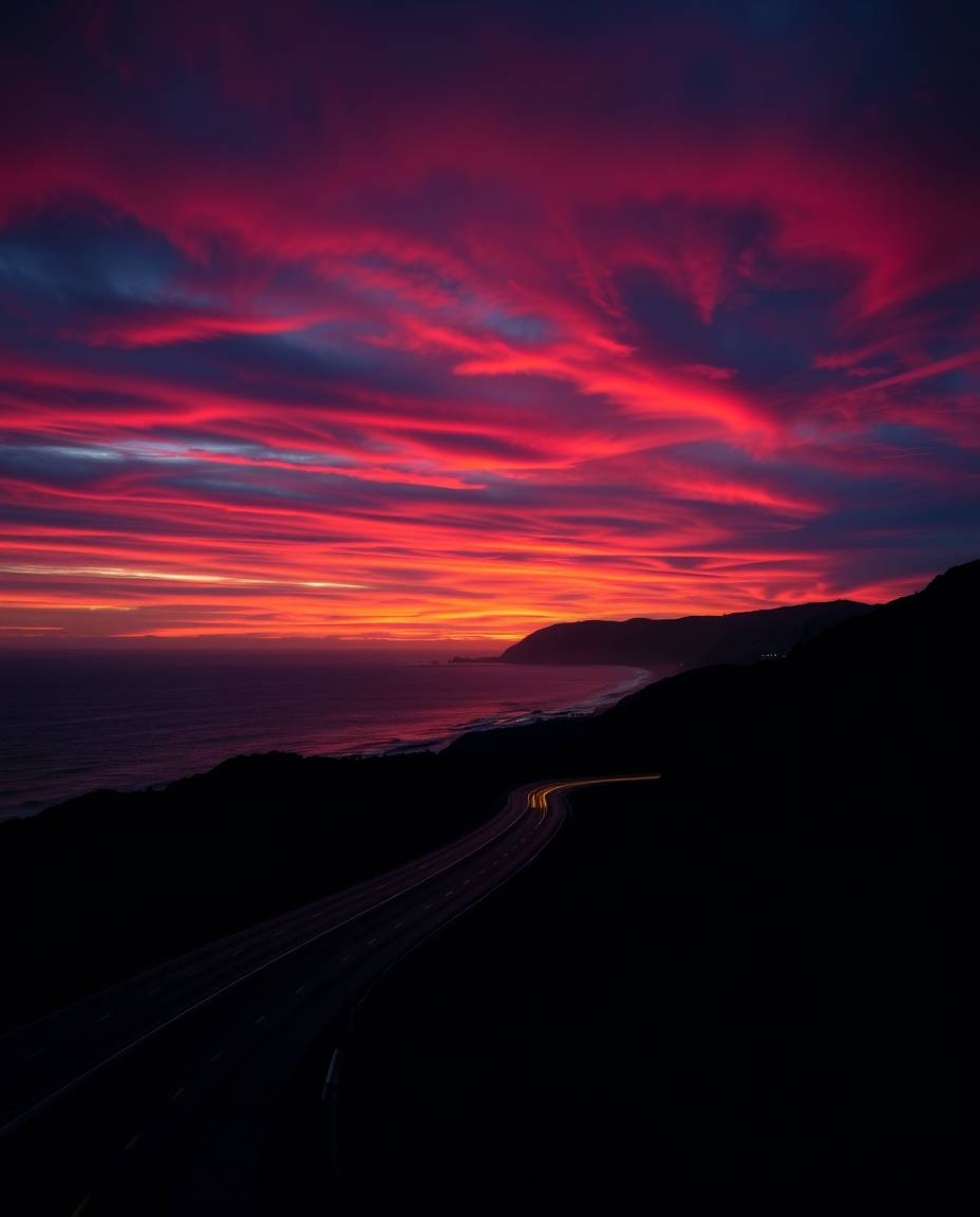 This creative light art piece depicts a sunset sky over a winding coastal highway, imbued with a sophisticated and elegant mo