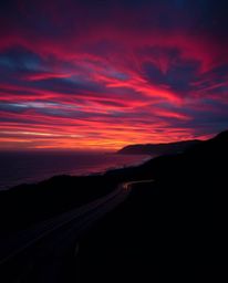 This creative light art piece depicts a sunset sky over a winding coastal highway, imbued with a sophisticated and elegant mo