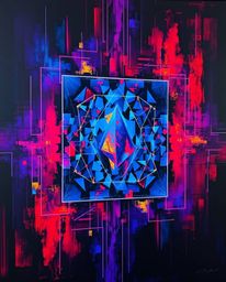A vibrant acrylic painting depicting a futuristic digital interface formed by geometric patterns with a holographic appearanc
