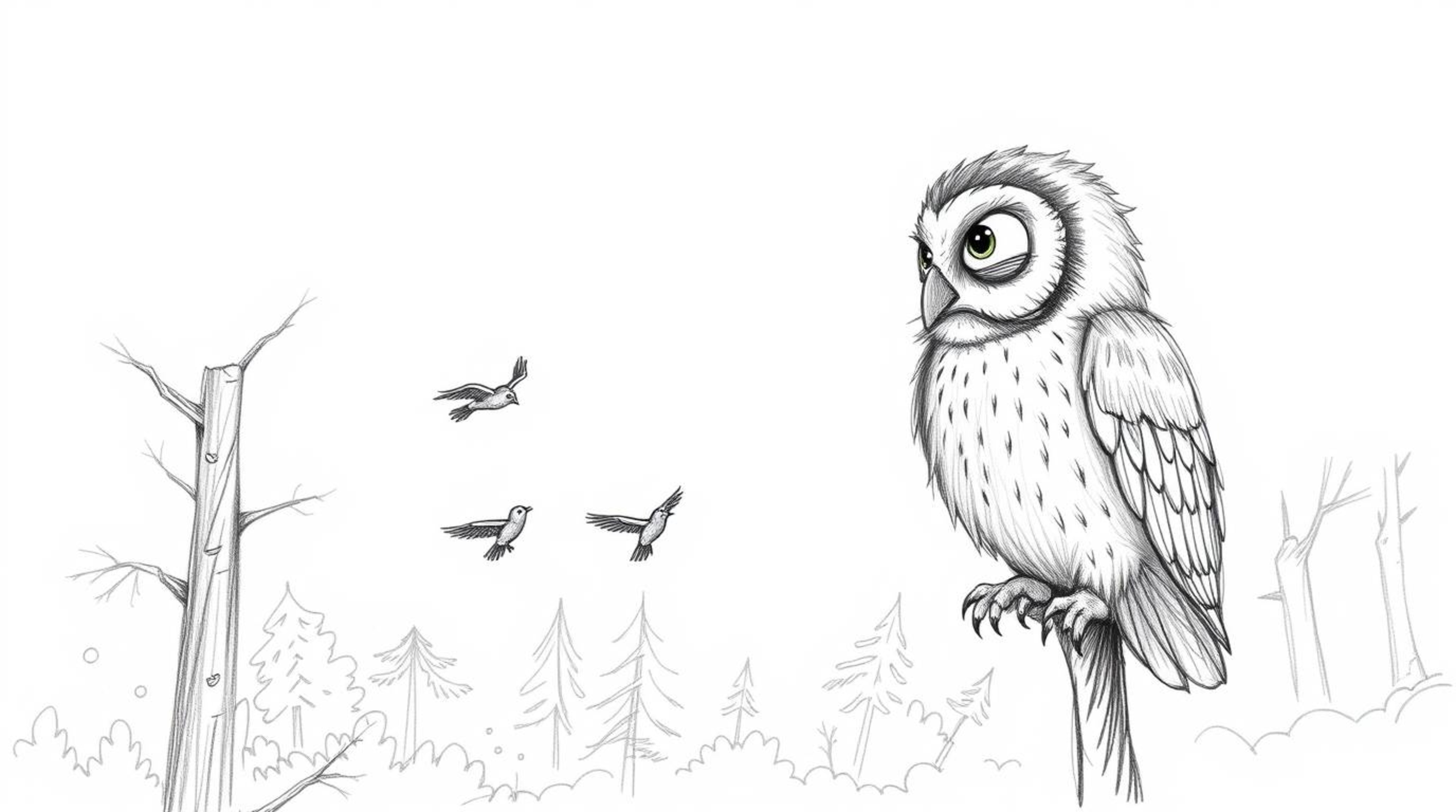 A captivating hand-drawn sketch depicts a blind owl, rendered with soft, textured pencil strokes against a white background. 