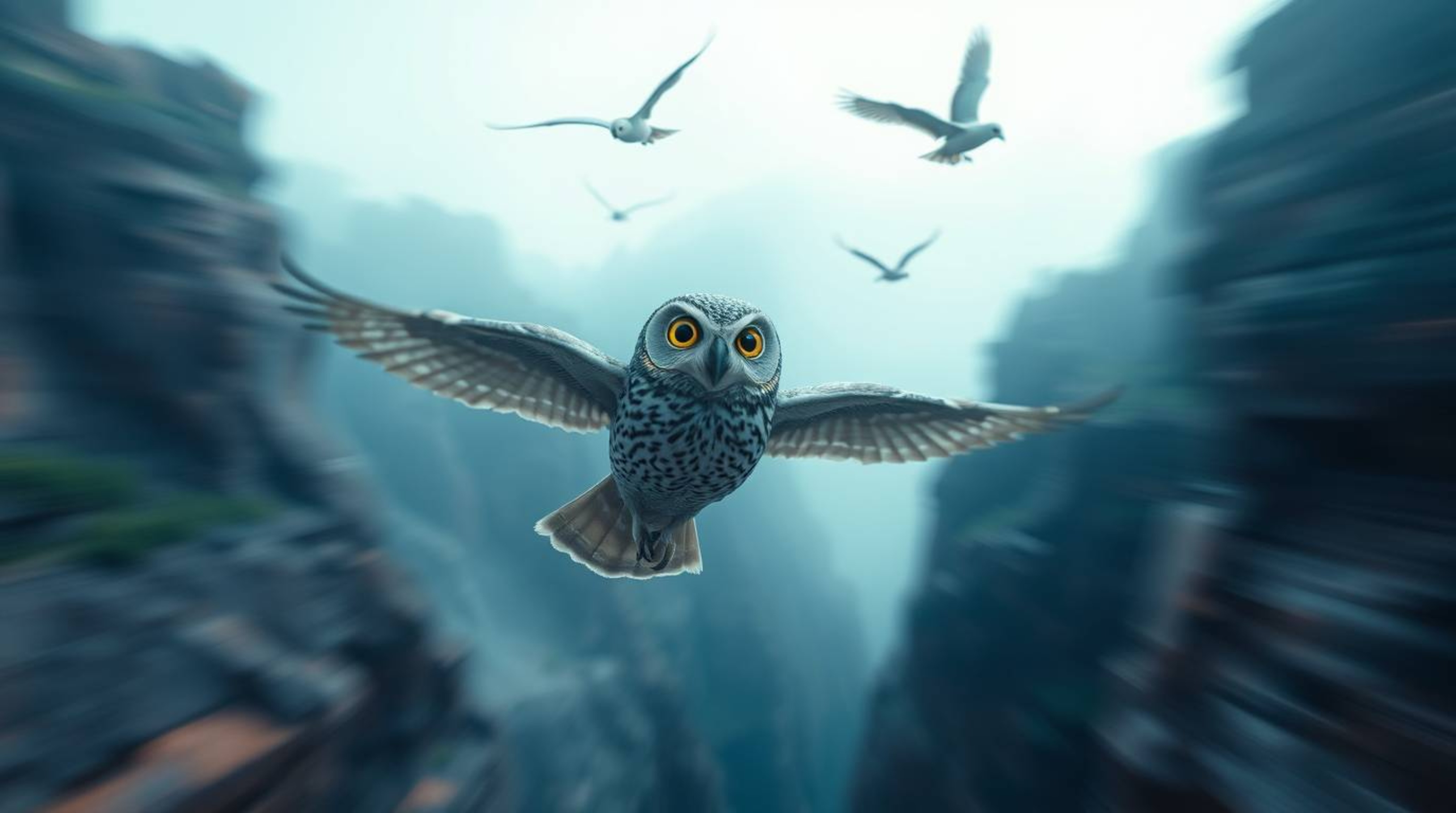 This captivating long-exposure photograph, rendered in a heartwarming Pixar style, captures a wise, blind owl with soft, expr