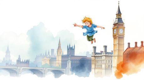 A delicate watercolor painting depicts a young boy soaring above London, propelled by magical pixie dust. The artwork showcas