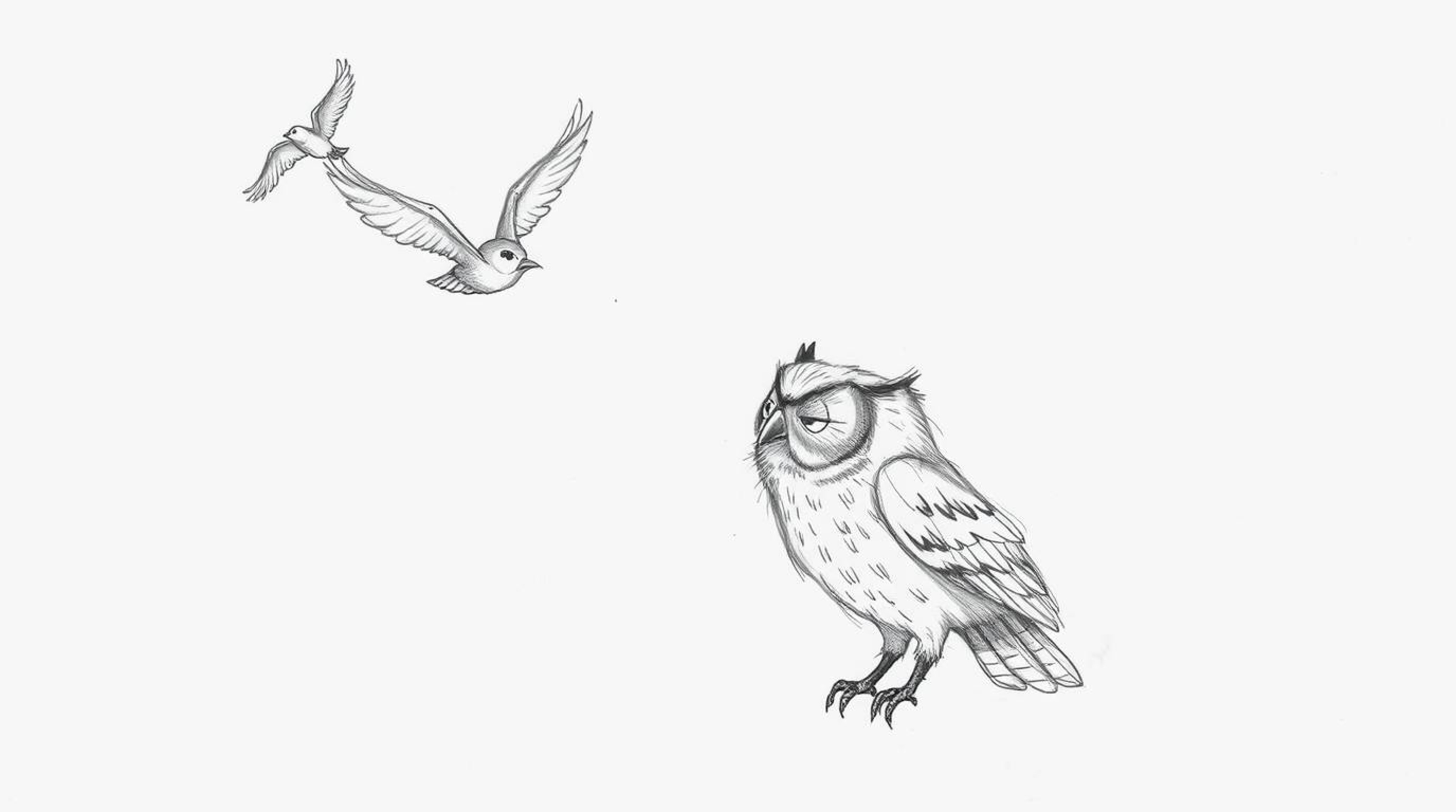 A heartwarming hand-drawn sketch in the style of Pixar, depicting a blind owl with subtly detailed feathers teaching a group 