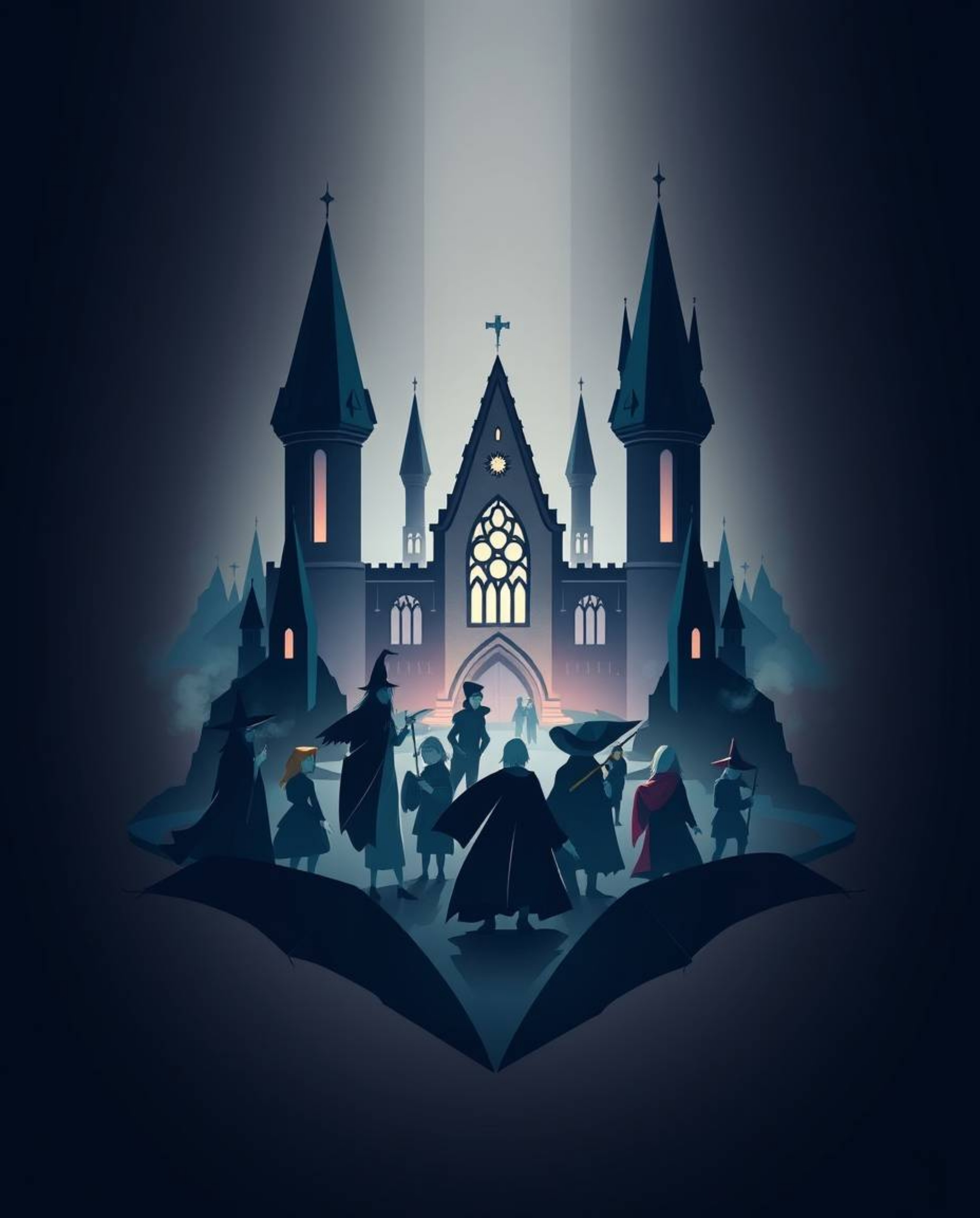 This dramatic, cinematic-style logo features a magical school filled with young wizards, designed with geometric shapes, clea