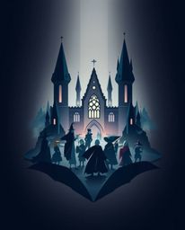 This dramatic, cinematic-style logo features a magical school filled with young wizards, designed with geometric shapes, clea