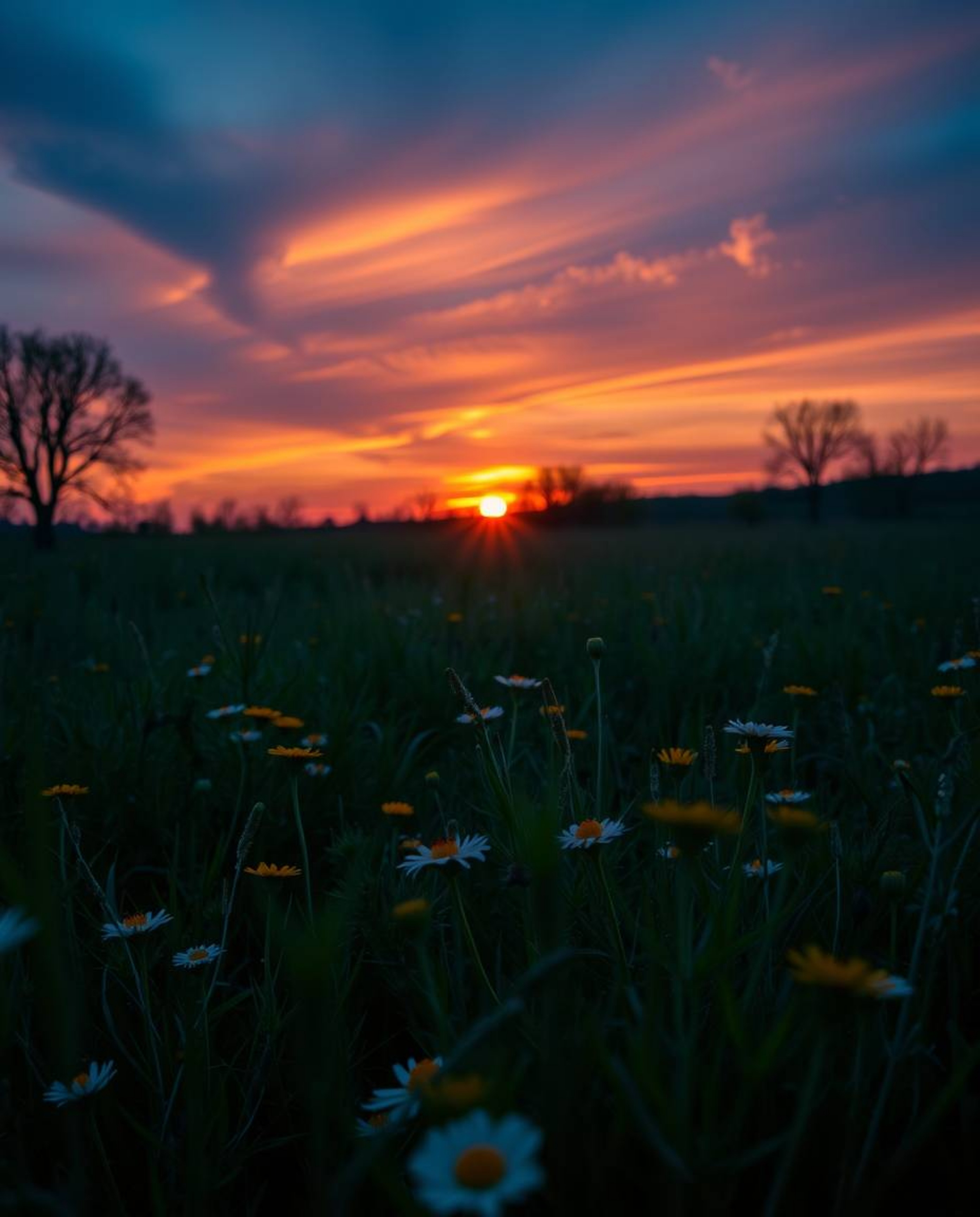 This cinematic artwork captures a breathtaking sunset over a spring wildflower meadow, illuminated by glowing bioluminescent 