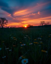 This cinematic artwork captures a breathtaking sunset over a spring wildflower meadow, illuminated by glowing bioluminescent 