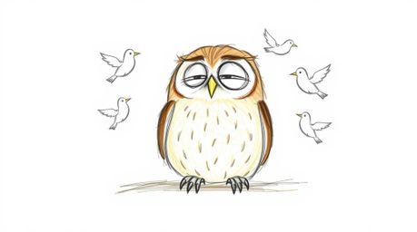 This hand-drawn sketch in the style of Pixar depicts a blind owl with gentle features and light brown plumage, set against a 