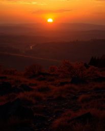 A sunrise painting depicting a war-torn landscape bathed in warm autumnal colors, employing dramatic chiaroscuro lighting. Th