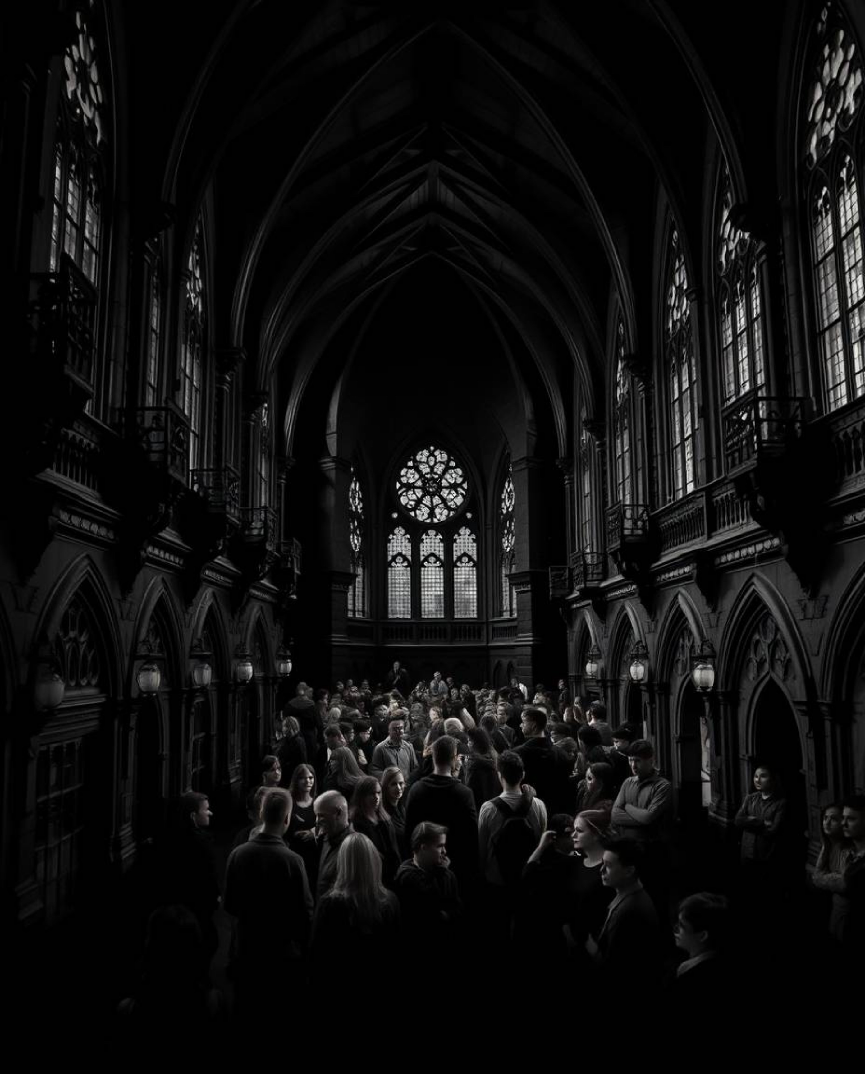 This collection features intense jet black architectural photographs of a magical school brimming with young wizards.  The im