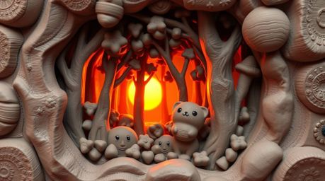 Discover enchanting sculptural clay art depicting the magical sunset light filtering through a dense forest.  Adorable and cu