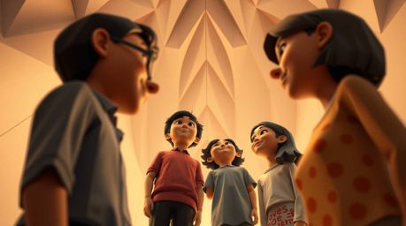 Experience a heartwarming reunion depicted with intricate origami-style low-angle perspective reminiscent of Pixar animations