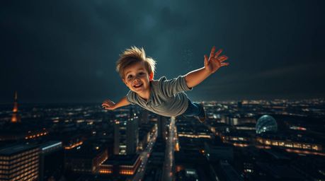 A captivating image of a young boy soaring above the London skyline, captured from a dramatic low-angle perspective.  Intense
