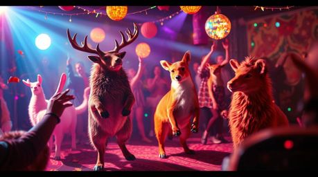 Get ready for a groovy animal dance party!  This vibrant event features dazzling disco lights, warm autumnal hues, artistic l
