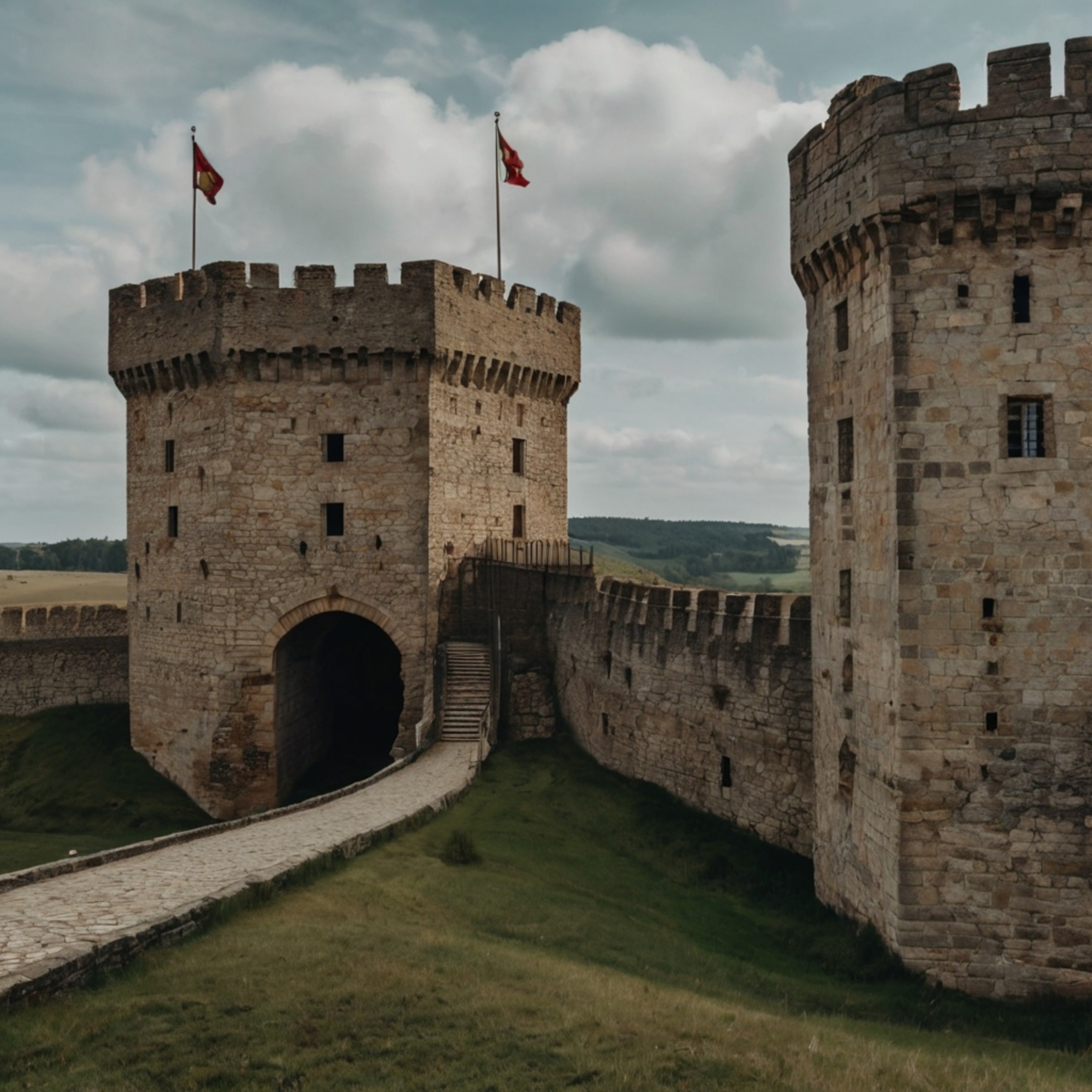 Explore a formidable medieval fortress, characterized by its imposing stone wall, a classic drawbridge, and a commanding cast
