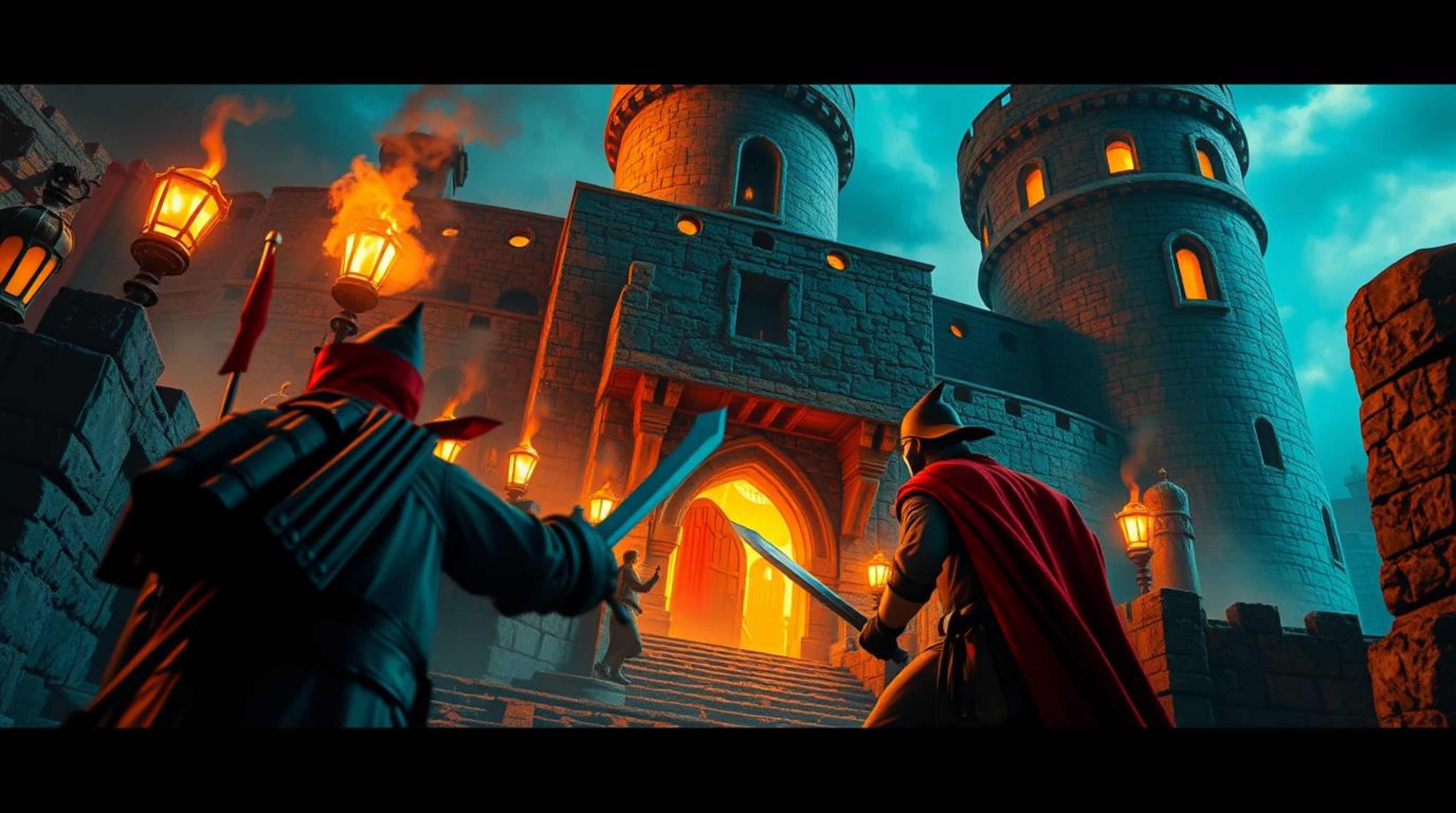 Experience a thrilling scene of a thief's daring attempt to infiltrate a heavily guarded castle. This depiction features a dr