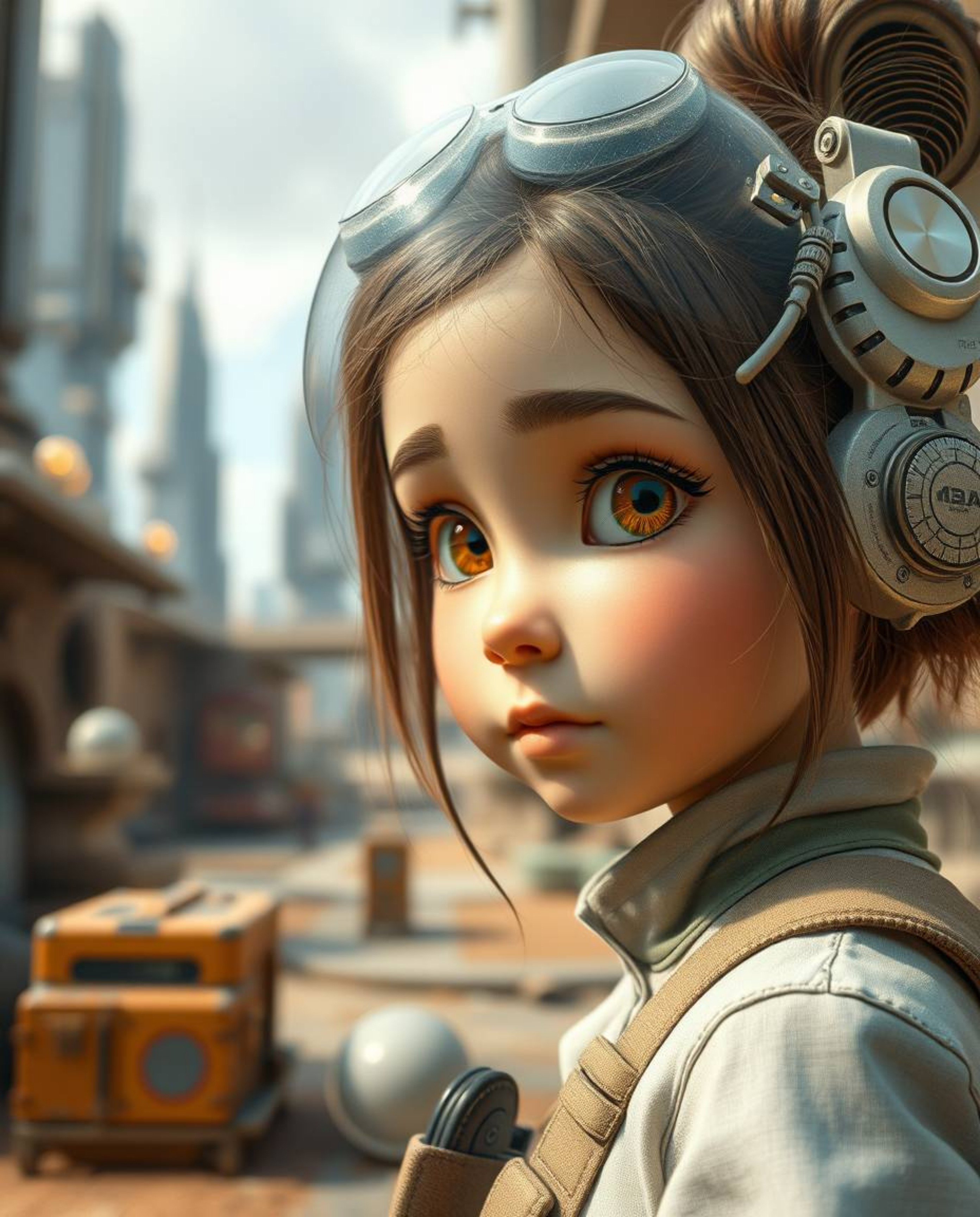 Discover a captivating image of a young inventor girl in a futuristic city, rendered in a stunning Pixar-like style.  The ext