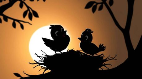 Silhouetted cartoon birds in a classic animation style are diligently building a nest against a bright backlight, showcasing
