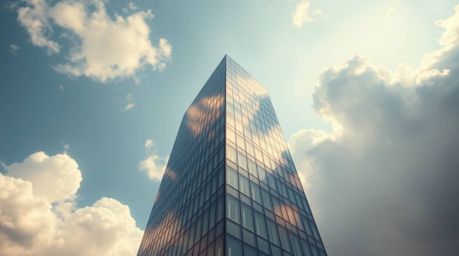 A modern glass building seamlessly merges with the soft clouds and sky, creating a visual representation of ambition and infi