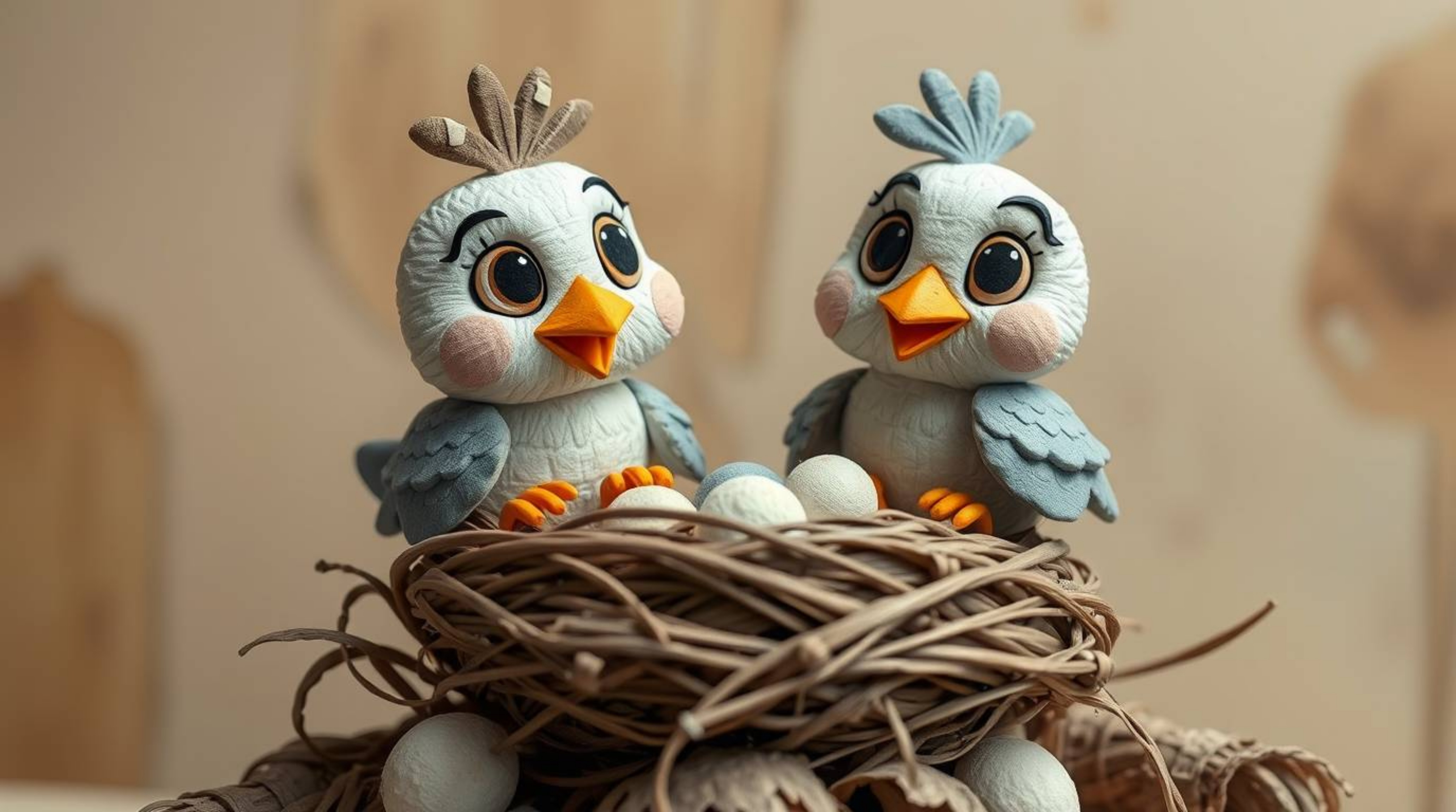 This artwork depicts two charming cartoon birds diligently building their nest in a classic animation style. The birds and ne