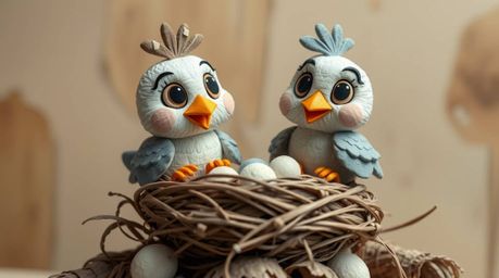 This artwork depicts two charming cartoon birds diligently building their nest in a classic animation style. The birds and ne