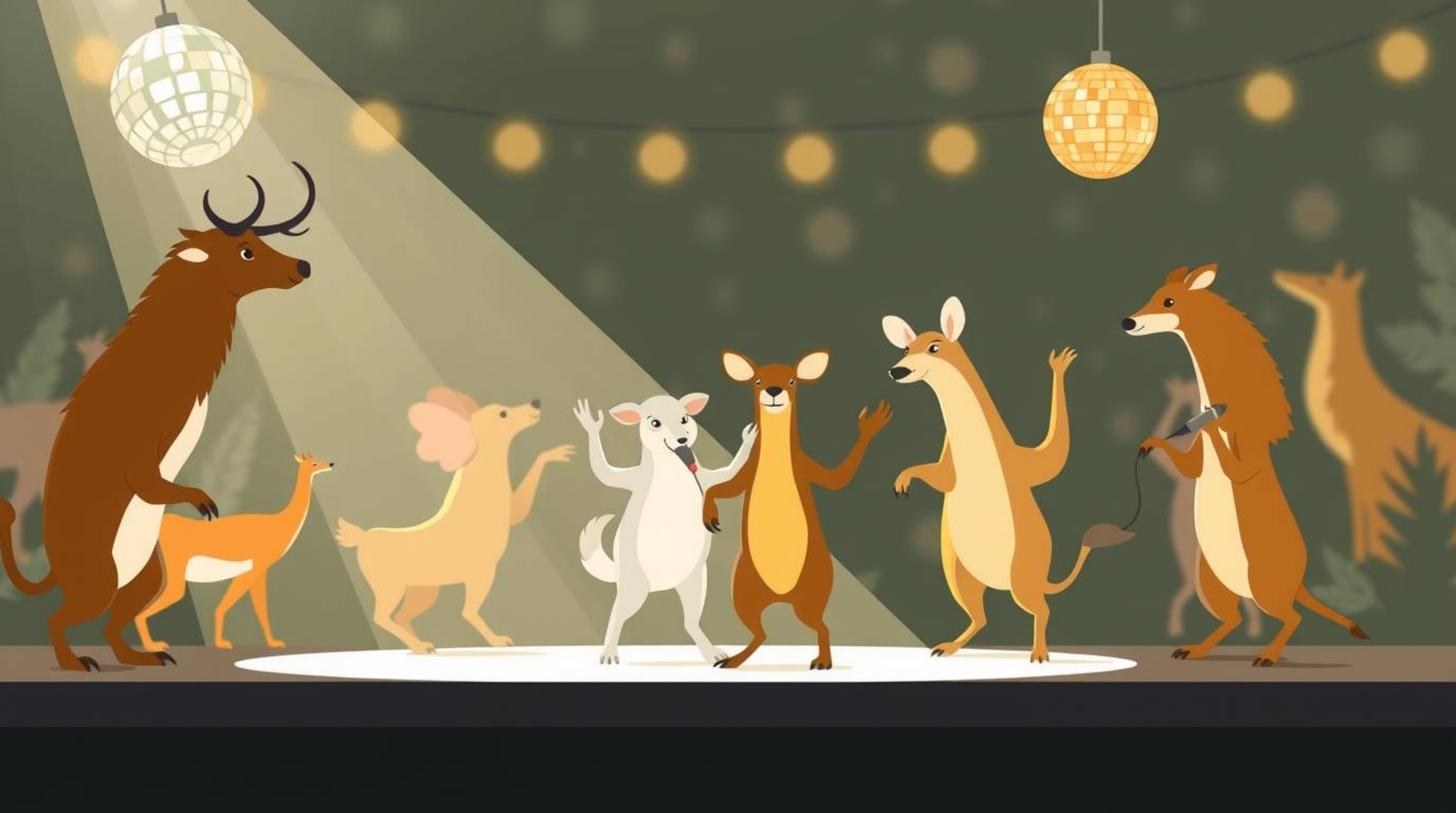 A vibrant and modern flat design illustration showcases an energetic animal dance party.  Illuminated by dazzling disco light