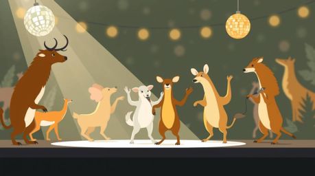 A vibrant and modern flat design illustration showcases an energetic animal dance party.  Illuminated by dazzling disco light