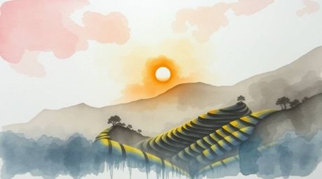 Experience the breathtaking beauty of a delicate watercolor painting depicting a low-angle perspective of a vibrant sunset ov