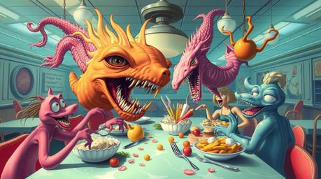 Experience a dreamlike and surreal scene of a graceful and elegant wild food fight unfolding in a cartoon cafeteria. The artw