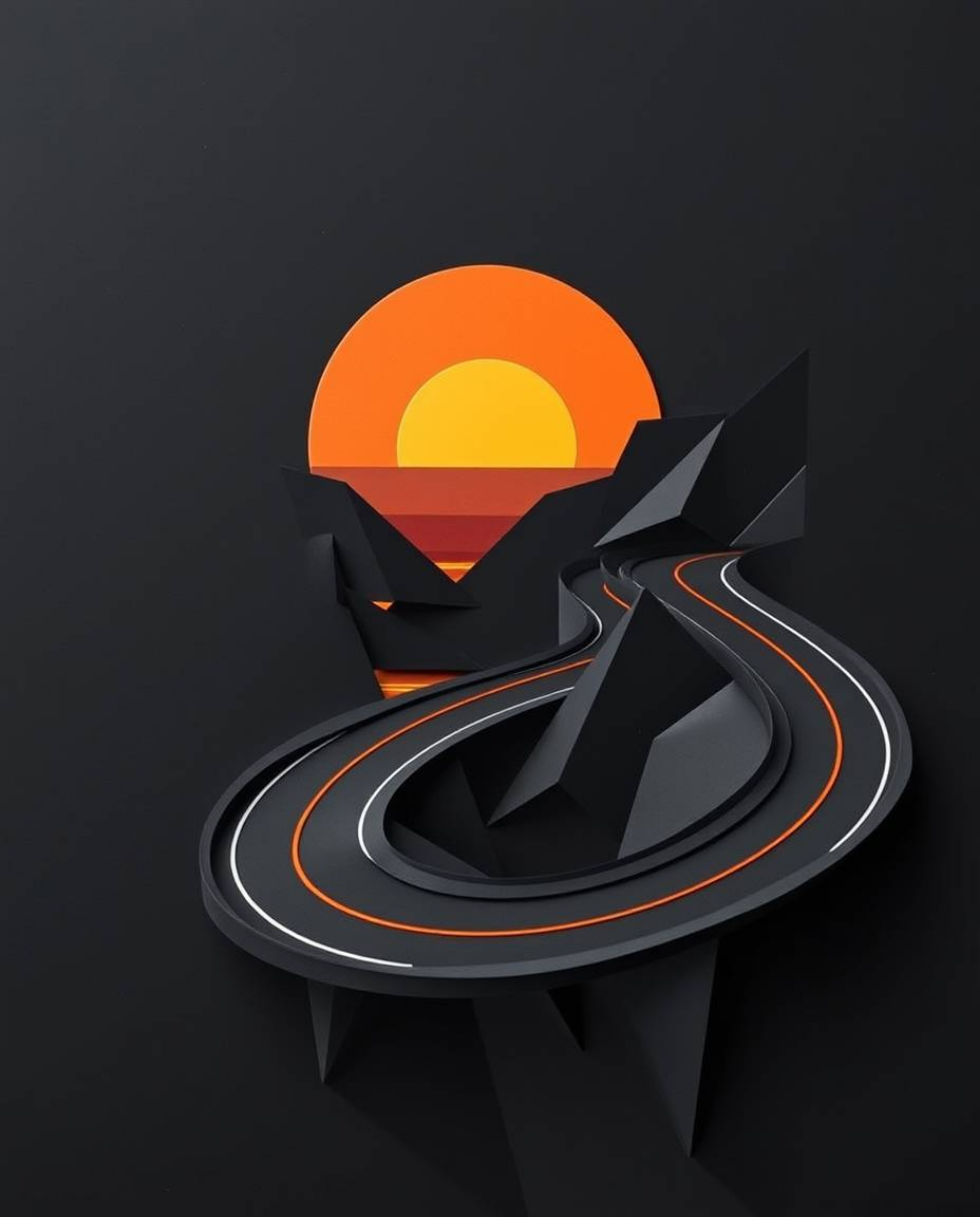 An intricate origami-style depiction of a winding coastal highway at sunset, masterfully crafted from pure black paper. The a