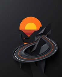 An intricate origami-style depiction of a winding coastal highway at sunset, masterfully crafted from pure black paper. The a