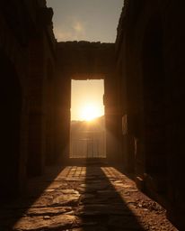A high-contrast, low-key lighting image depicting a sunset casting deep and dramatic shadows through ancient stone ruins. The