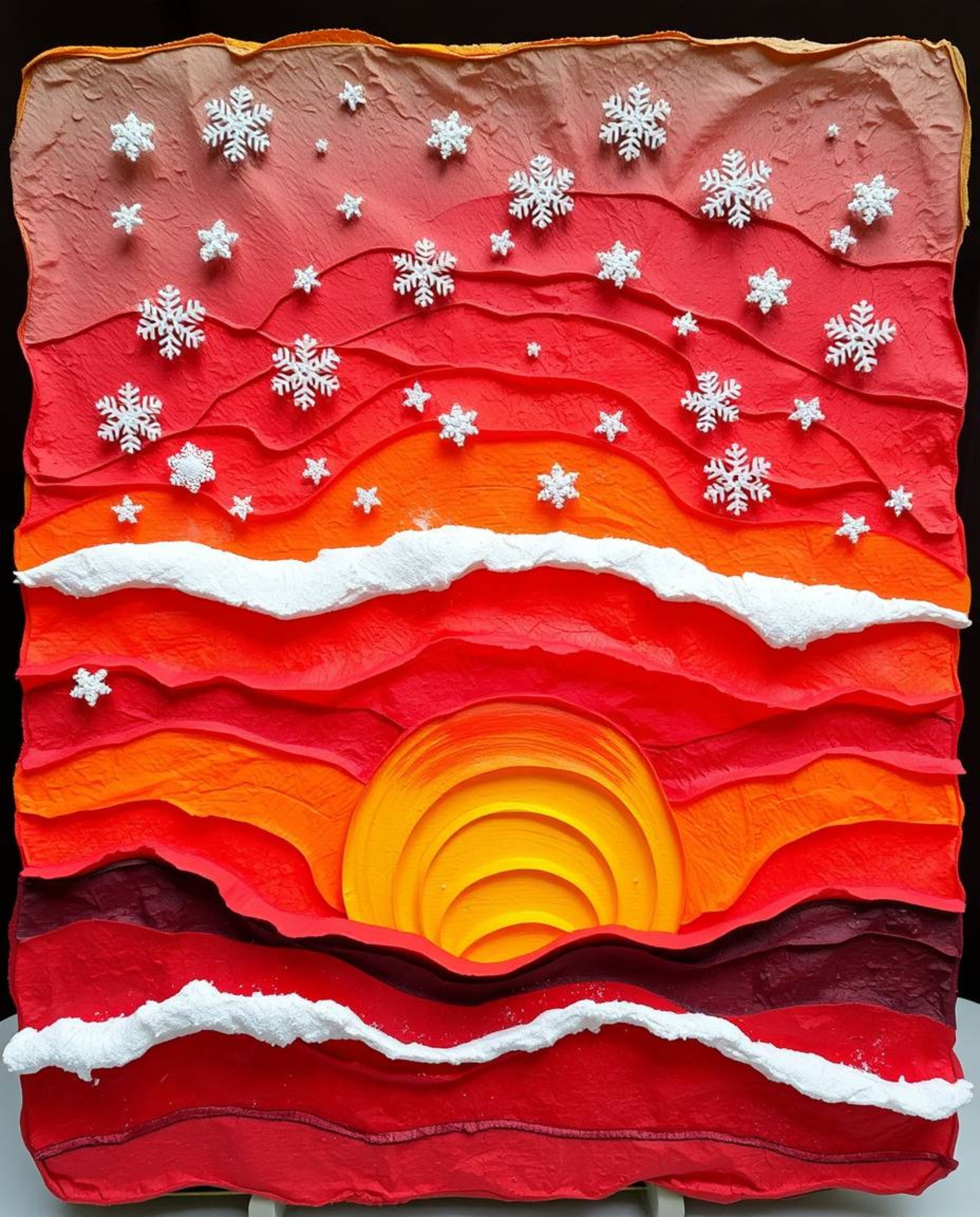 A warm, layered papier-mâché sculpture depicts the beautiful scene of a vibrant sunset with falling snowflakes. This artwork 