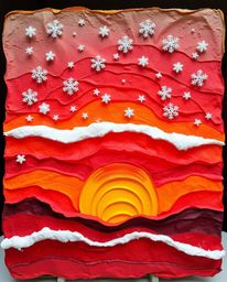 A warm, layered papier-mâché sculpture depicts the beautiful scene of a vibrant sunset with falling snowflakes. This artwork 