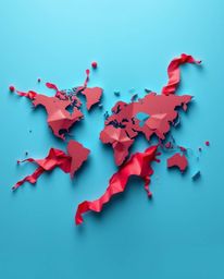 This artwork presents a creative and elegant abstract concept featuring an intricate world map formed by bright colorful spla