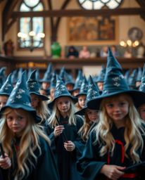 A captivating photograph showcasing a magical school teeming with young wizards. The image features a sharp subject focus, dr