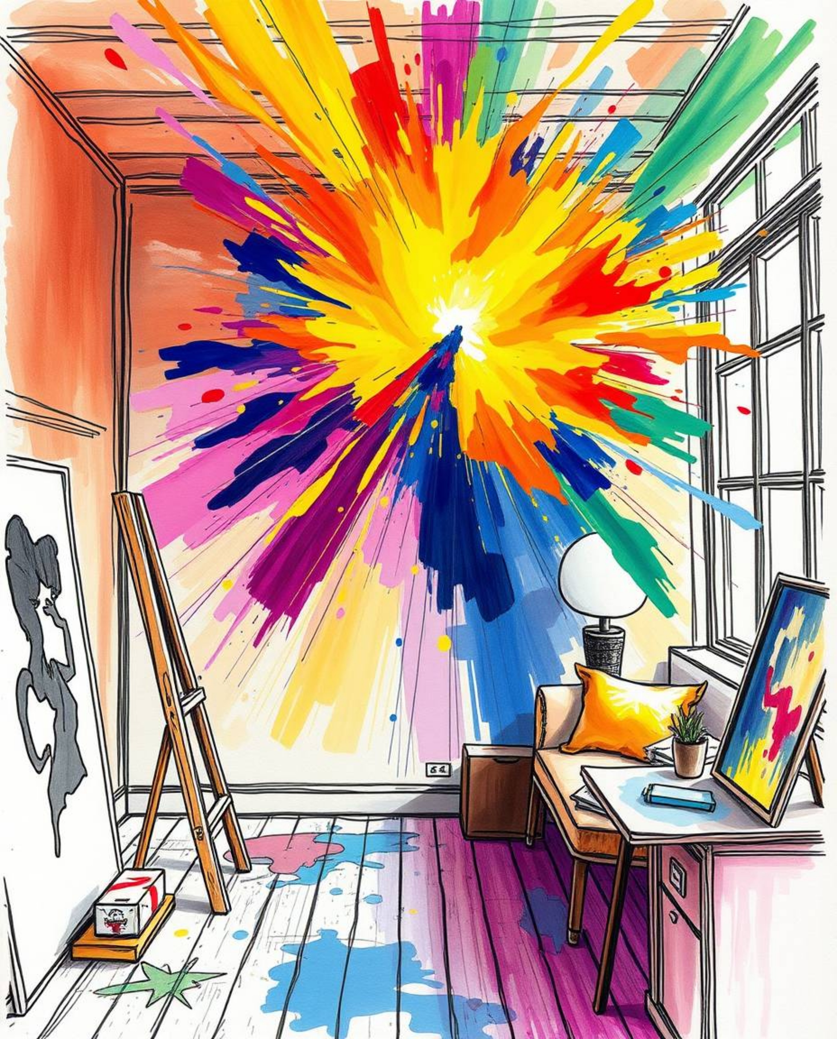 Imagine a room bursting with vibrant paint, showcased in a hand-drawn sketch with a color sketchnote style. The scene is bath