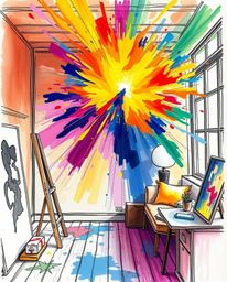Imagine a room bursting with vibrant paint, showcased in a hand-drawn sketch with a color sketchnote style. The scene is bath