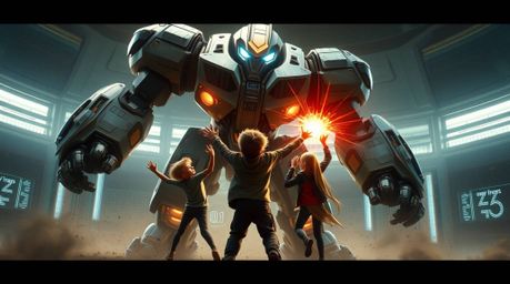 Witness an epic showdown between three superpowered kids and a colossal robot in a stunning futuristic cityscape.  Rendered i