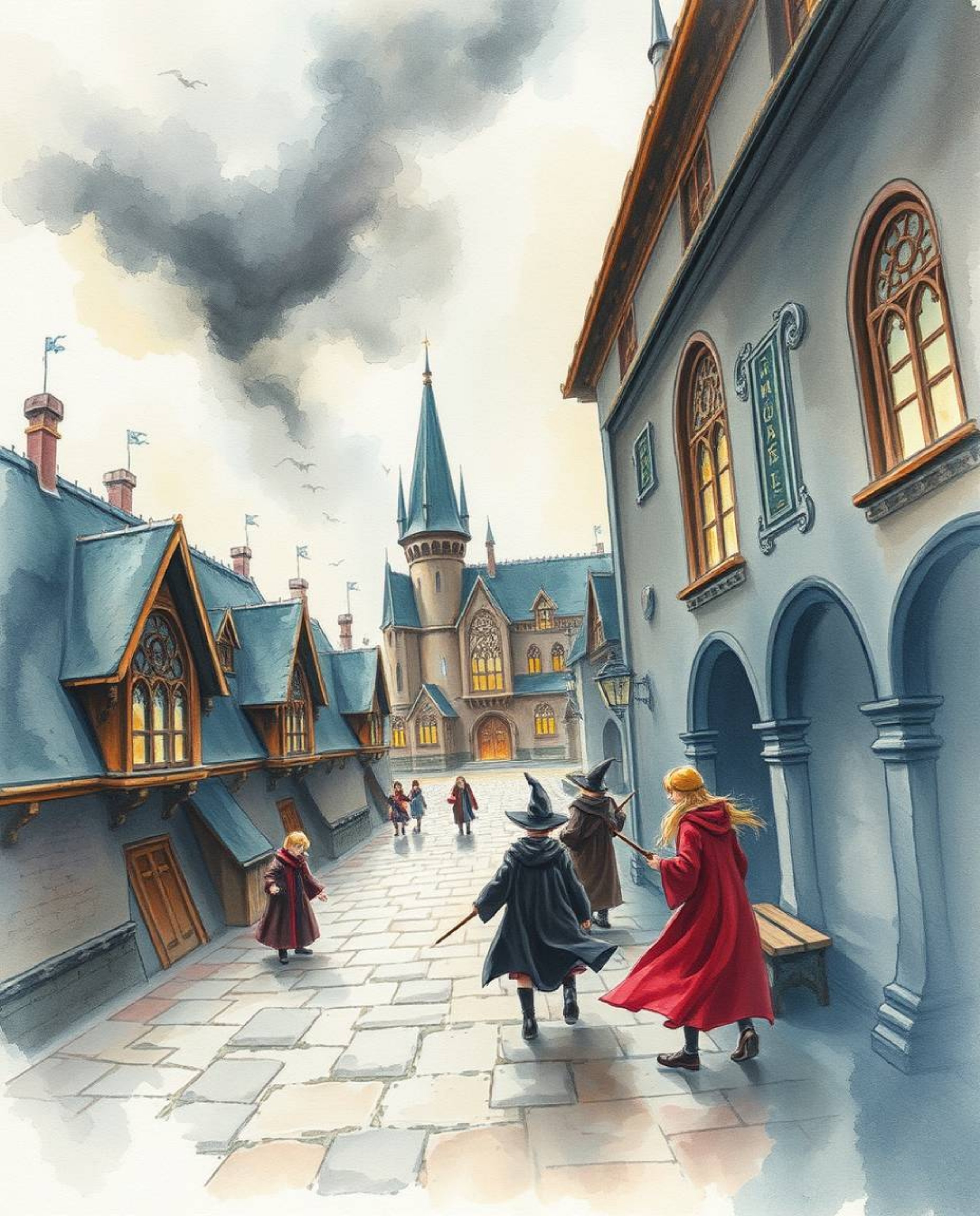 A delicate watercolor painting captures the dramatic atmosphere of a magical school filled with young wizards facing intense