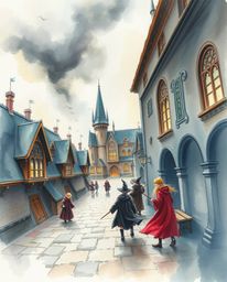A delicate watercolor painting captures the dramatic atmosphere of a magical school filled with young wizards facing intense 