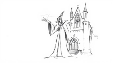 This hand-drawn sketch depicts a classic Disney villain in an old castle, casting a powerful spell. The rough lines and textu
