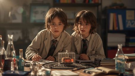 In a cinematic and whimsical photograph reminiscent of Pixar's signature style, a dynamic science fair duo, a boy and girl of
